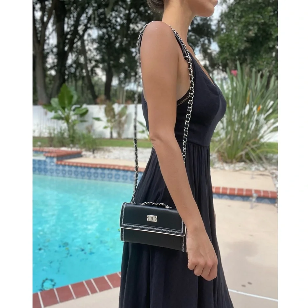 CHANEL Black Leather Chain-Handle Crossbody Bag with Silver Trim